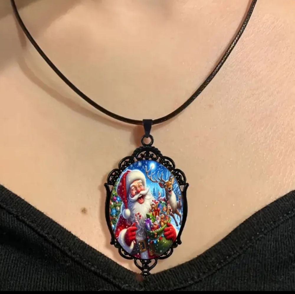 Holiday Santa & Reindeer Pendant W/Black Necklace. NWOT